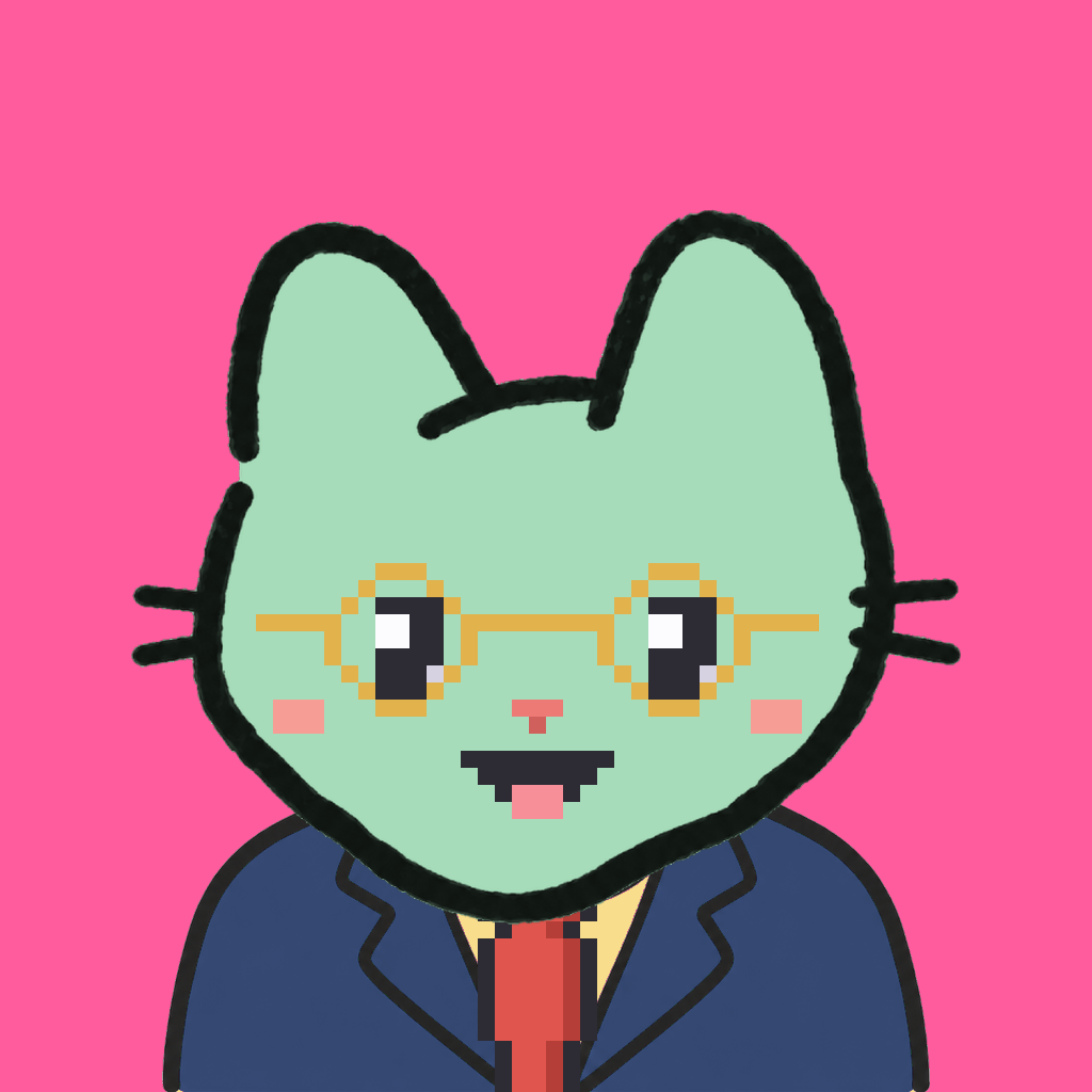 Employee #0587 — a mint cat, in a navy suit, with a red tie, wearing round-gold glasses, on hot pink