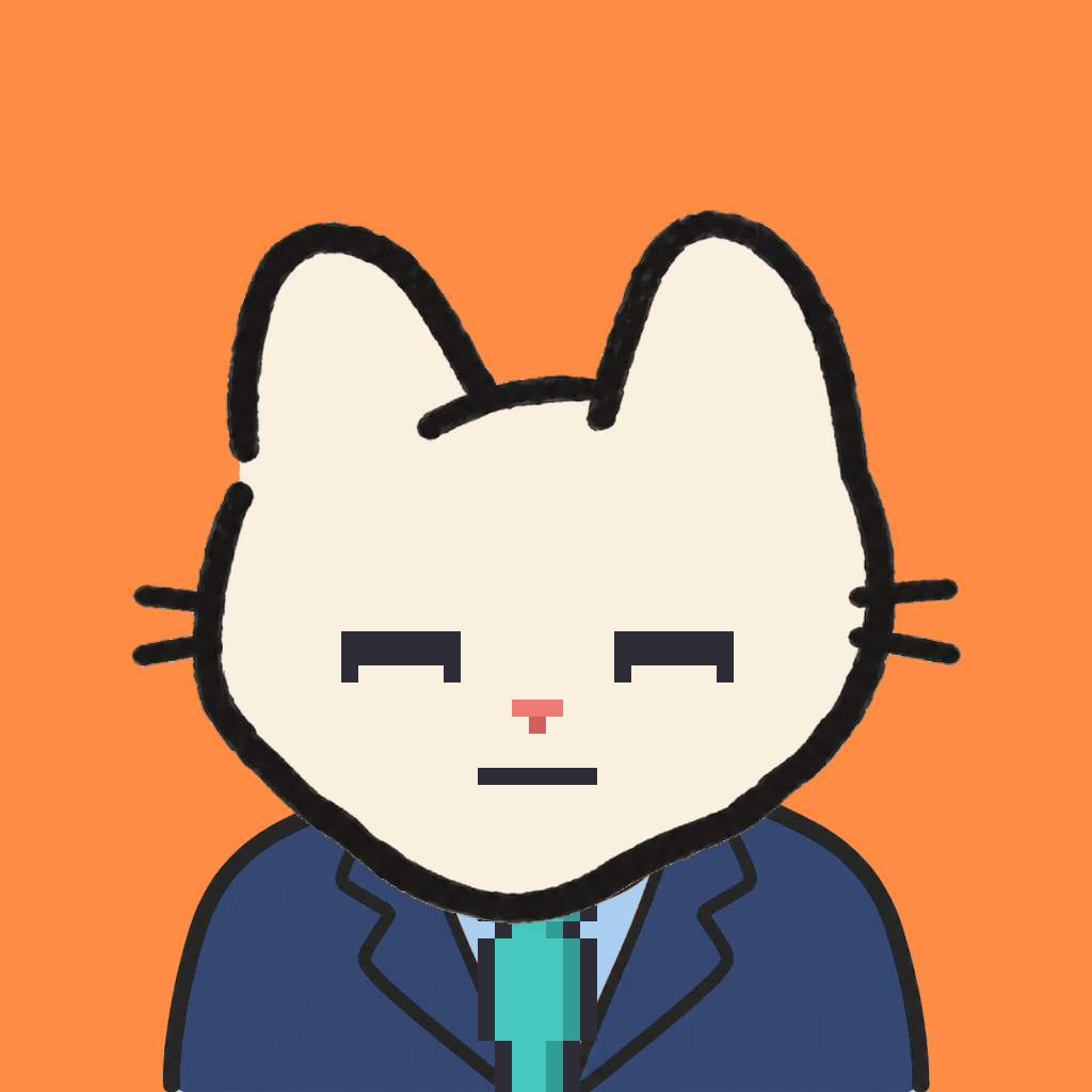 Employee #0588 — a cream cat, in a navy suit, with a teal tie, on tangerine