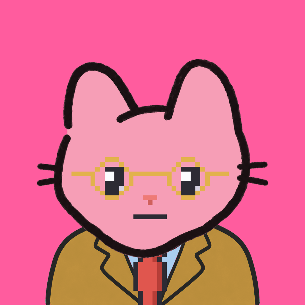 Employee #0589 — a pink cat, in a mustard suit, with a red tie, wearing round-gold glasses, on hot pink