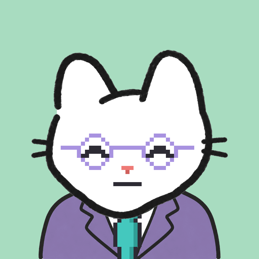 Employee #0059 — a white cat, in a lavender suit, with a teal tie, wearing round-lavender glasses, on mint