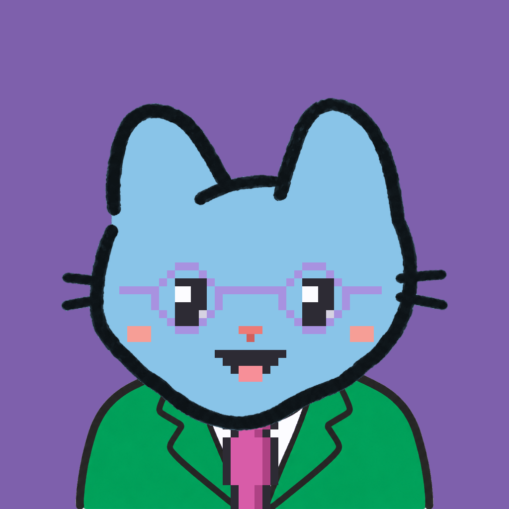 Employee #0590 — a sky cat, in a green suit, with a magenta tie, wearing round-lavender glasses, on plasma violet