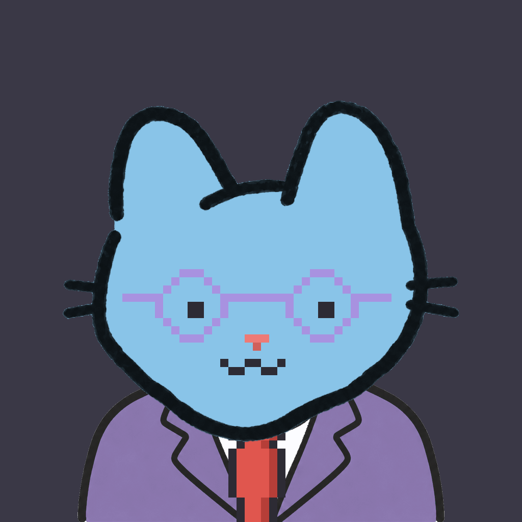 Employee #0591 — a sky cat, in a lavender suit, with a red tie, wearing round-lavender glasses, on charcoal