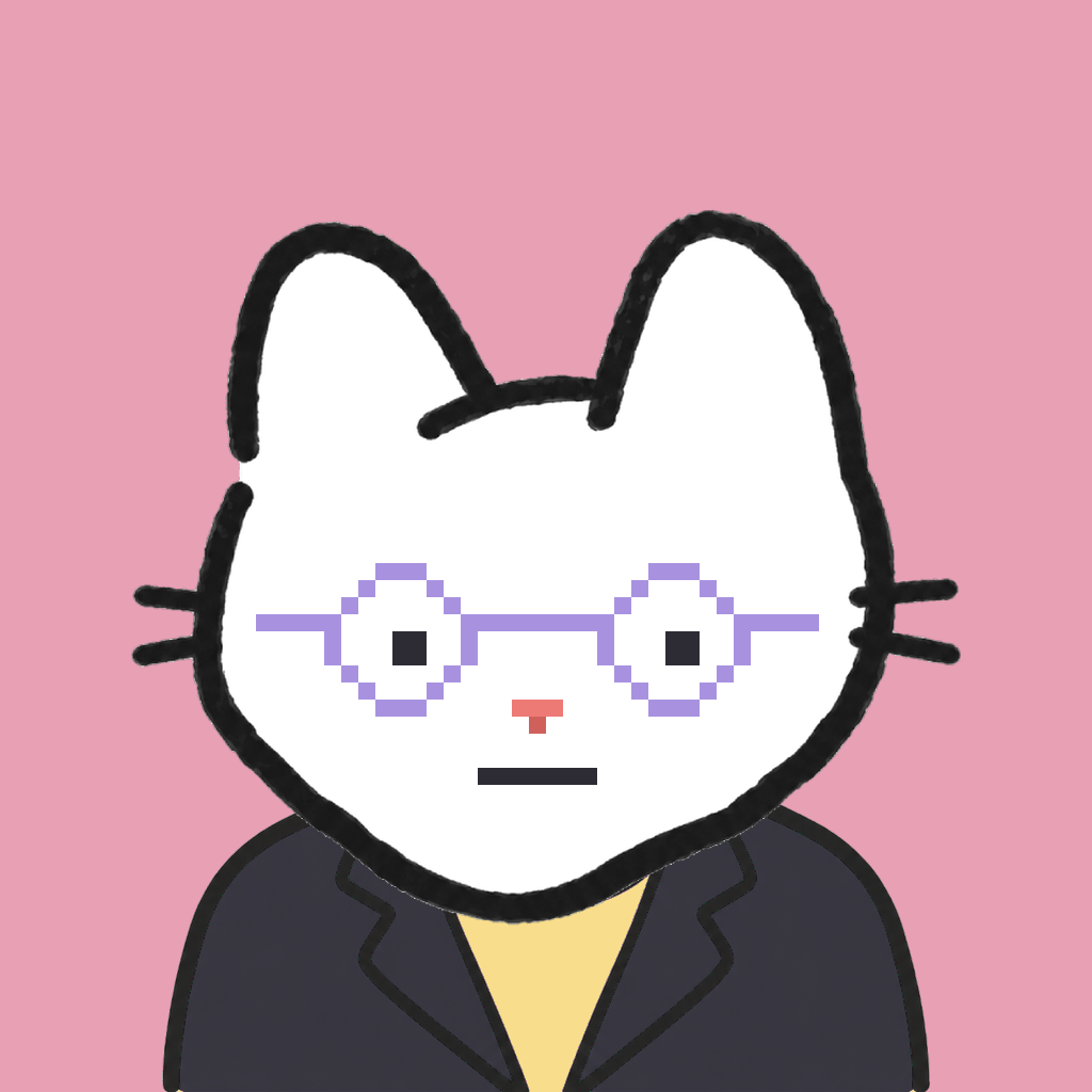 Employee #0592 — a white cat, in a black suit, wearing round-lavender glasses, on rose