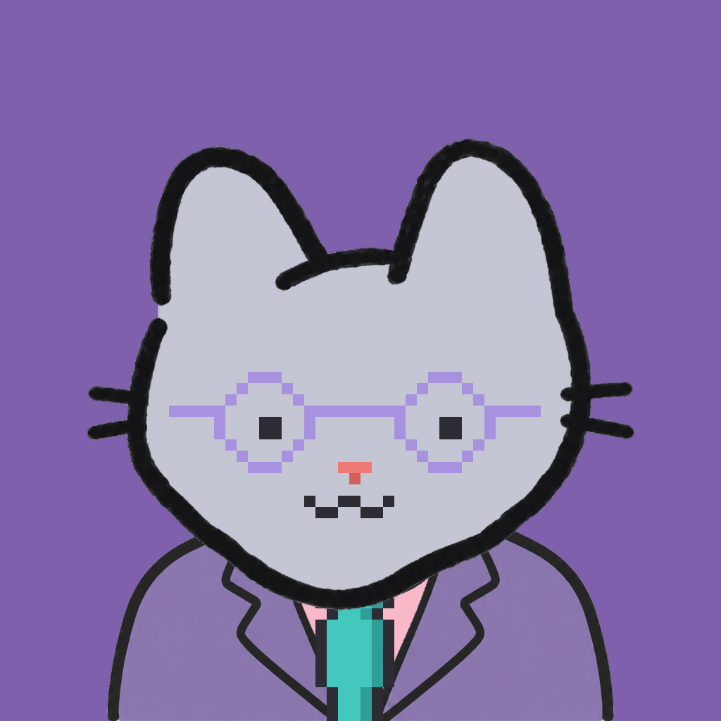 Employee #0593 — a gray cat, in a lavender suit, with a teal tie, wearing round-lavender glasses, on plasma violet