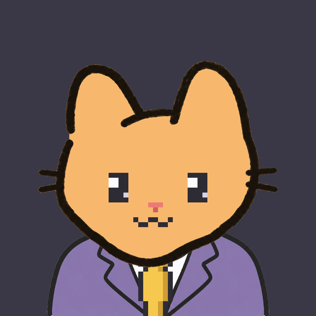 Employee #0594 — a tabby cat, in a lavender suit, with a gold tie, on charcoal
