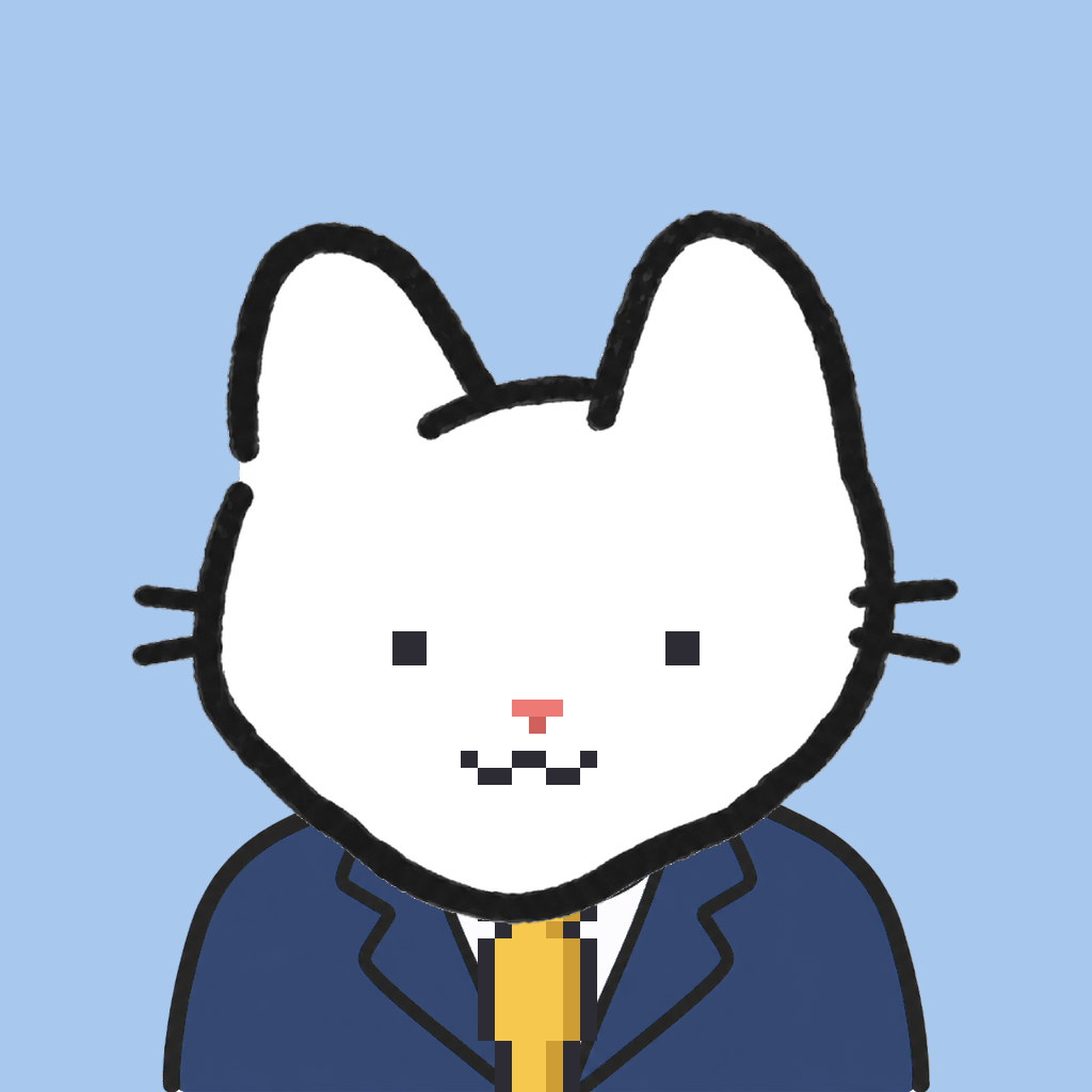 Employee #0595 — a white cat, in a navy suit, with a gold tie, on sky