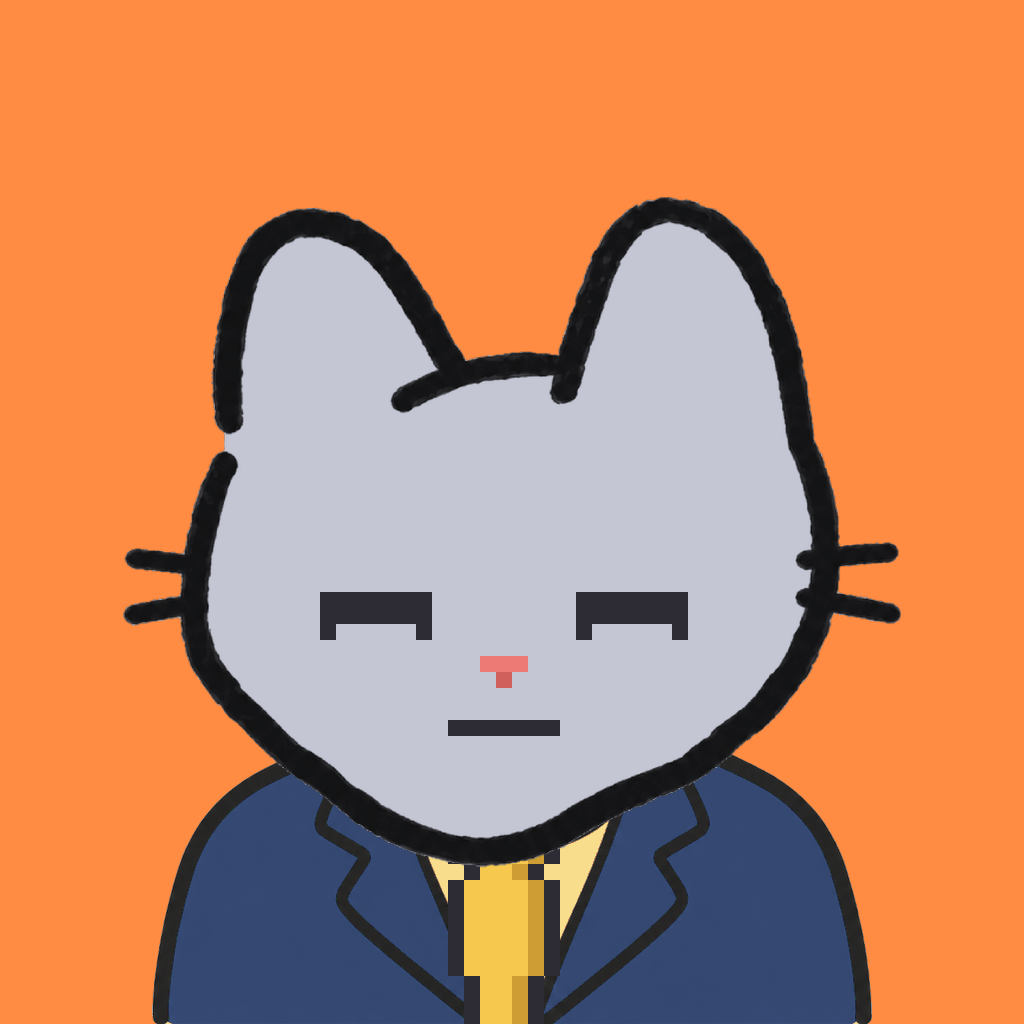 Employee #0596 — a gray cat, in a navy suit, with a gold tie, on tangerine