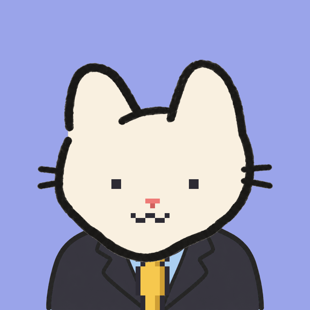 Employee #0597 — a cream cat, in a black suit, with a gold tie, on periwinkle