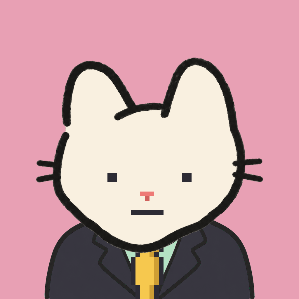 Employee #0598 — a cream cat, in a black suit, with a gold tie, on rose