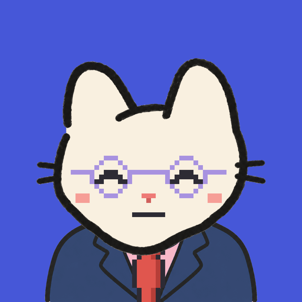 Employee #0599 — a cream cat, in a navy suit, with a red tie, wearing round-lavender glasses, on royal