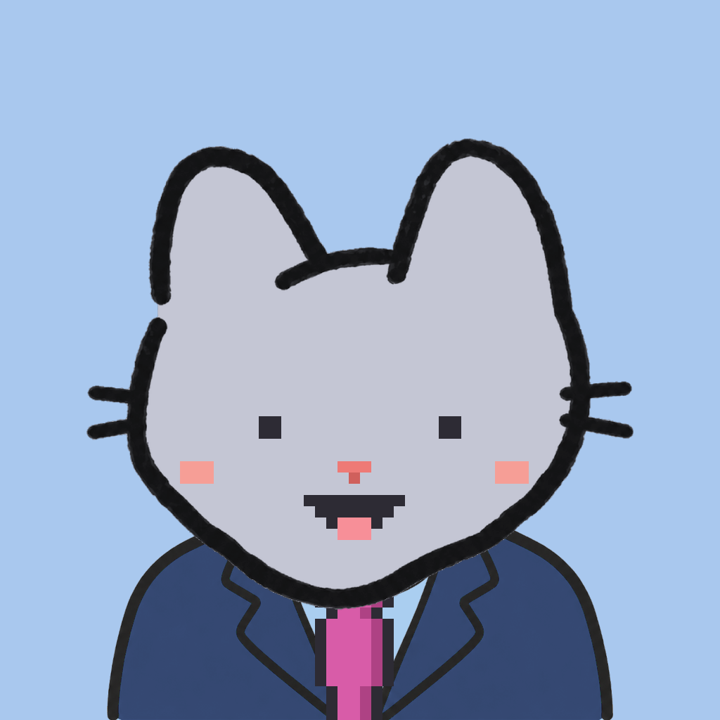 Employee #0006 — a gray cat, in a navy suit, with a magenta tie, on sky