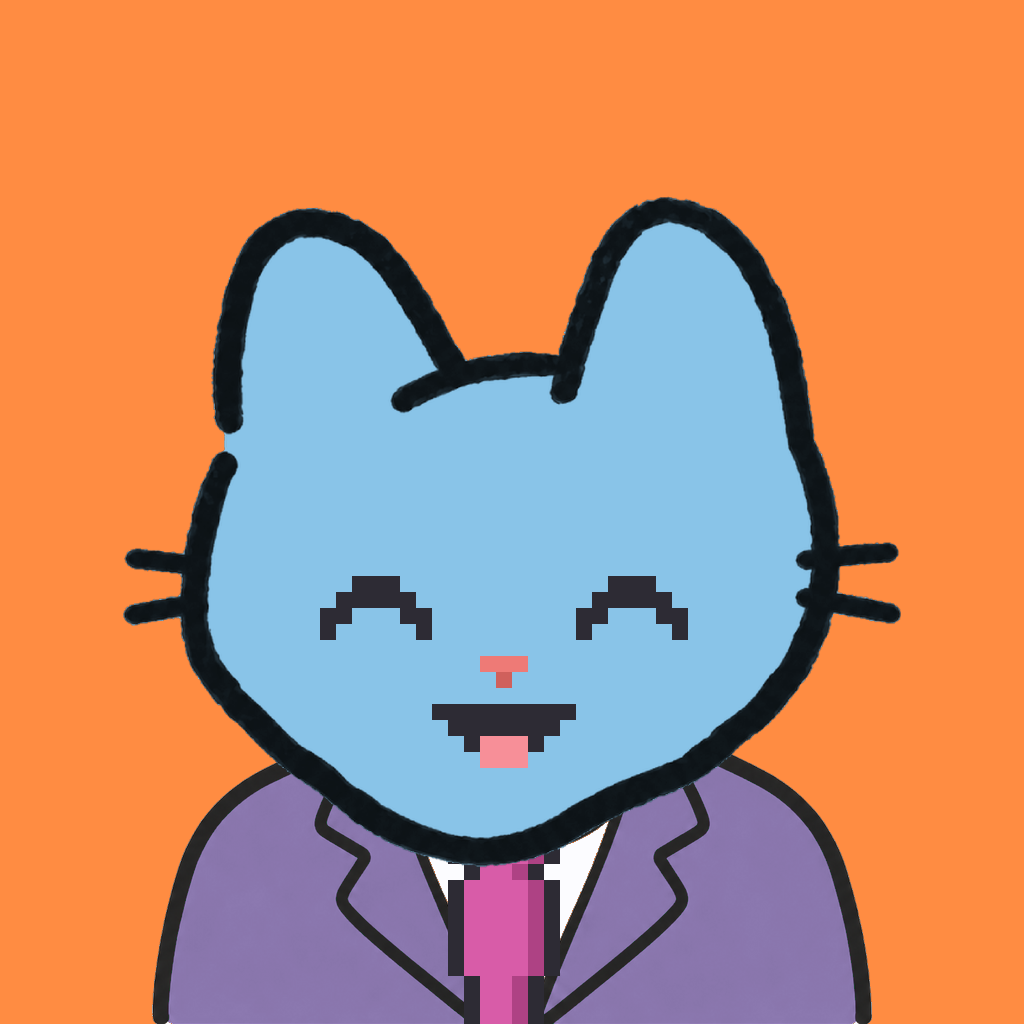Employee #0060 — a sky cat, in a lavender suit, with a magenta tie, on tangerine