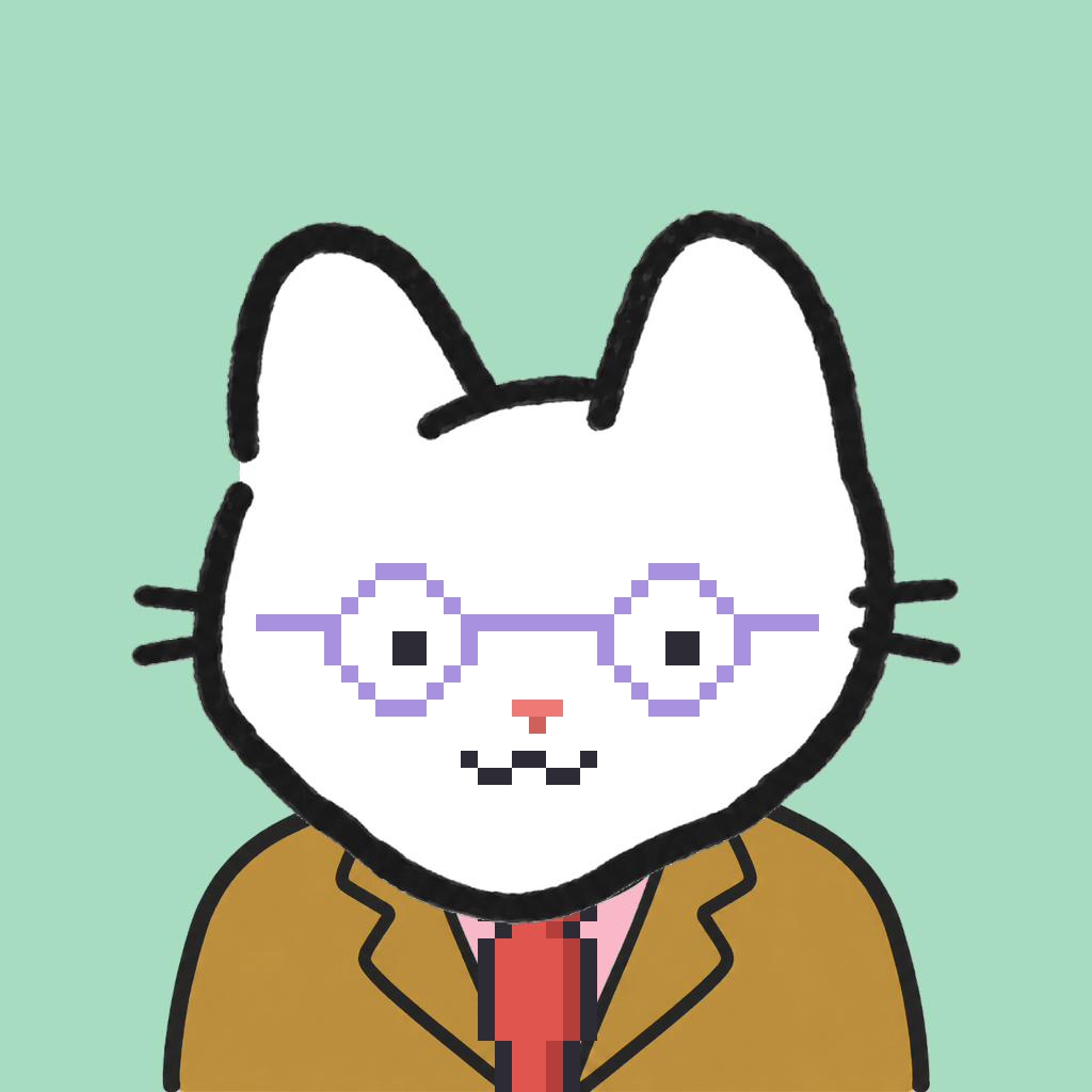 Employee #0600 — a white cat, in a mustard suit, with a red tie, wearing round-lavender glasses, on mint