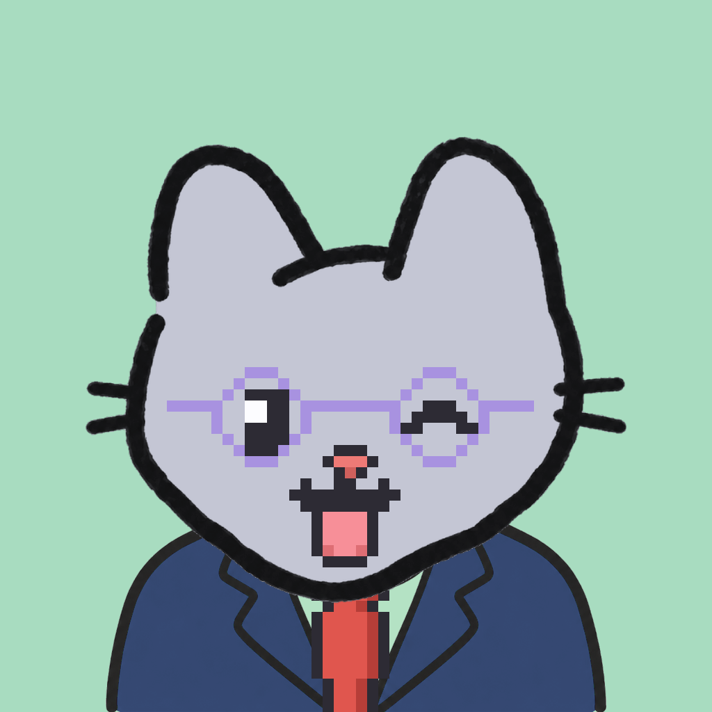 Employee #0601 — a gray cat, in a navy suit, with a red tie, wearing round-lavender glasses, on mint