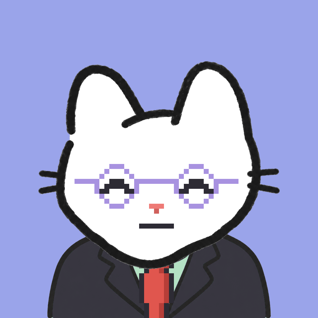 Employee #0602 — a white cat, in a black suit, with a red tie, wearing round-lavender glasses, on periwinkle