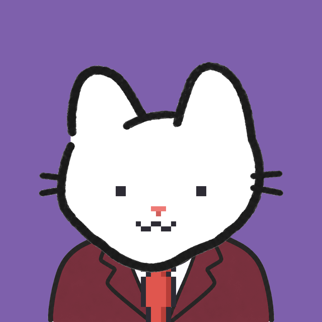 Employee #0603 — a white cat, in a burgundy suit, with a red tie, on plasma violet