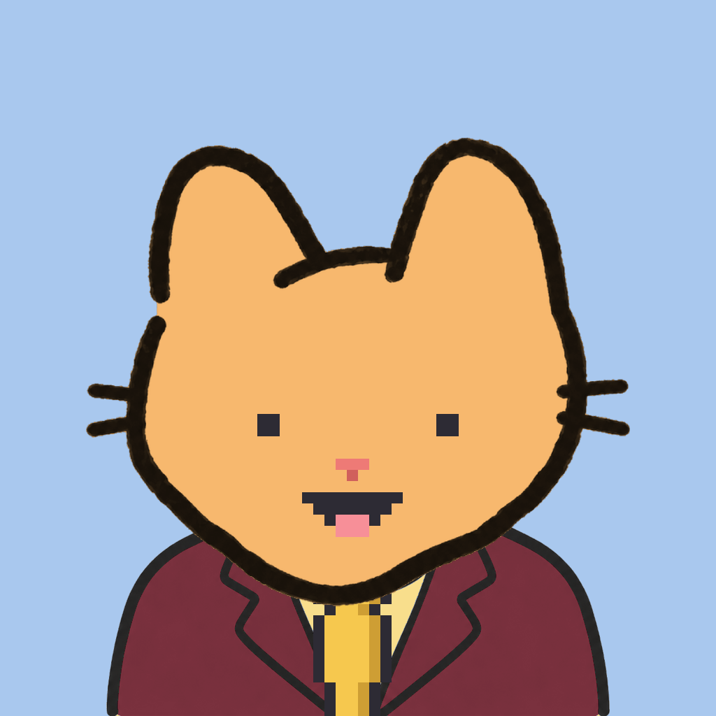 Employee #0605 — a tabby cat, in a burgundy suit, with a gold tie, on sky