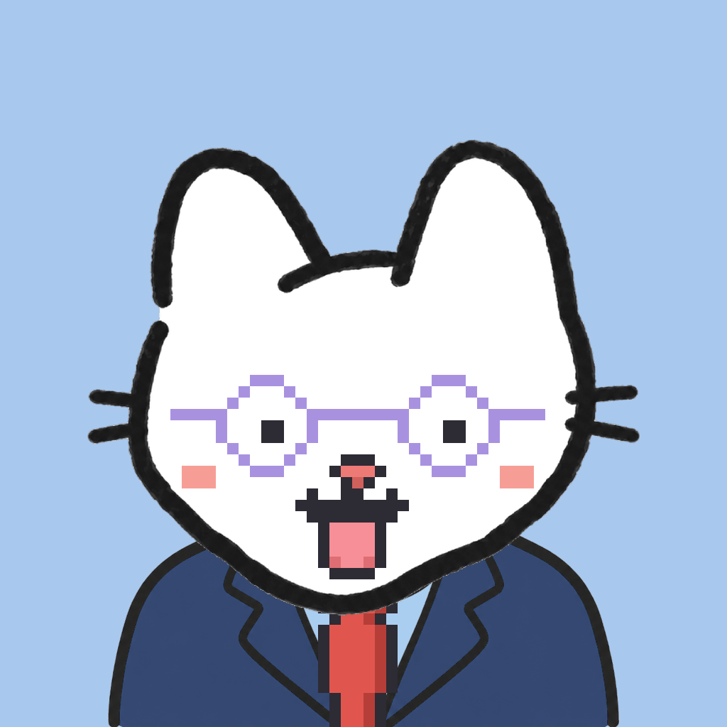 Employee #0606 — a white cat, in a navy suit, with a red tie, wearing round-lavender glasses, on sky