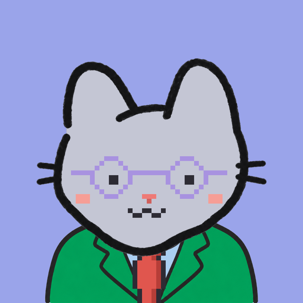 Employee #0607 — a gray cat, in a green suit, with a red tie, wearing round-lavender glasses, on periwinkle