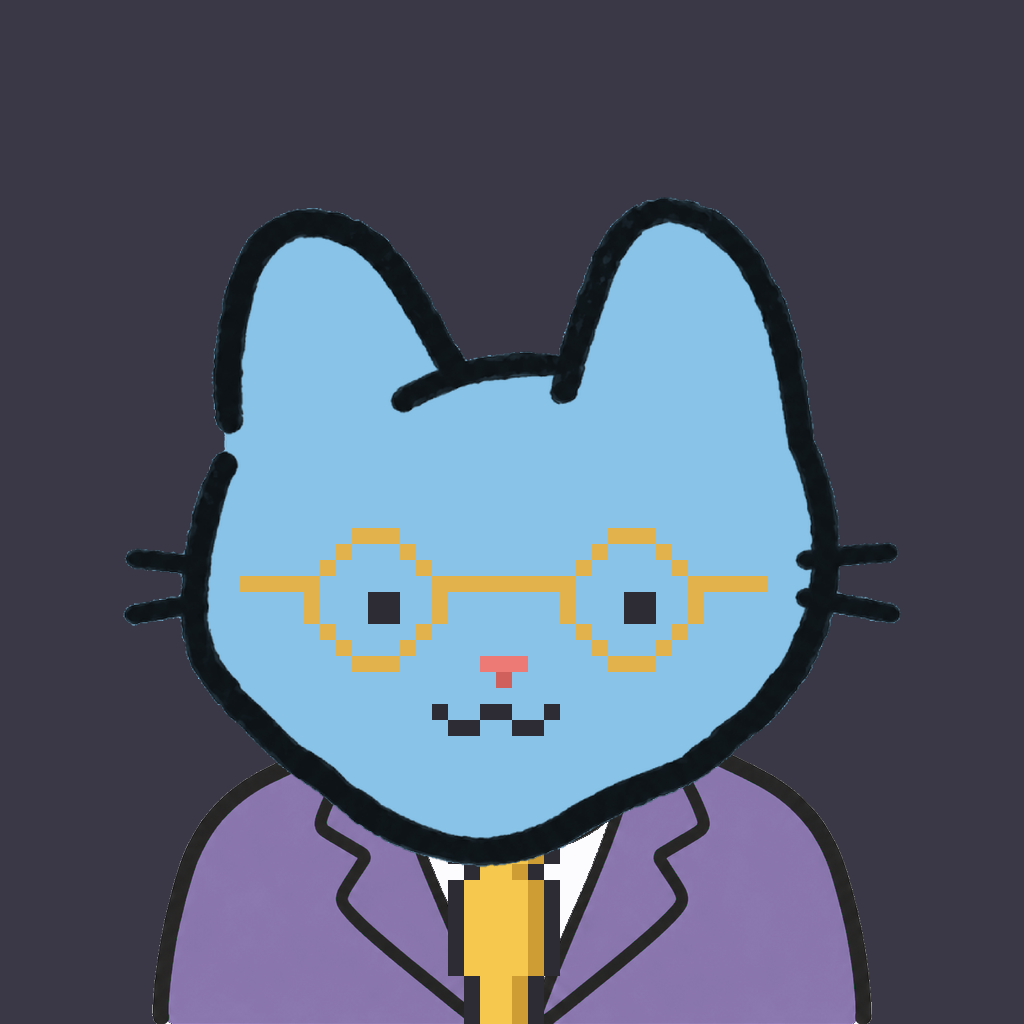 Employee #0608 — a sky cat, in a lavender suit, with a gold tie, wearing round-gold glasses, on charcoal