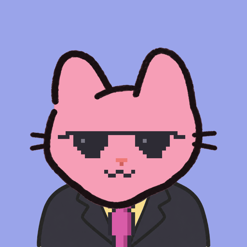 Employee #0609 — a pink cat, in a black suit, with a magenta tie, wearing shades glasses, on periwinkle