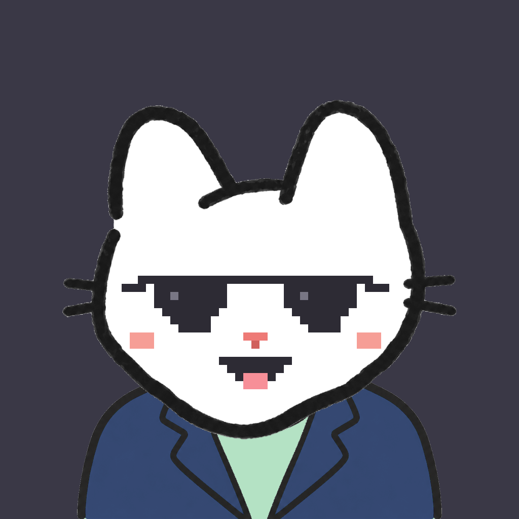 Employee #0061 — a white cat, in a navy suit, wearing shades glasses, on charcoal