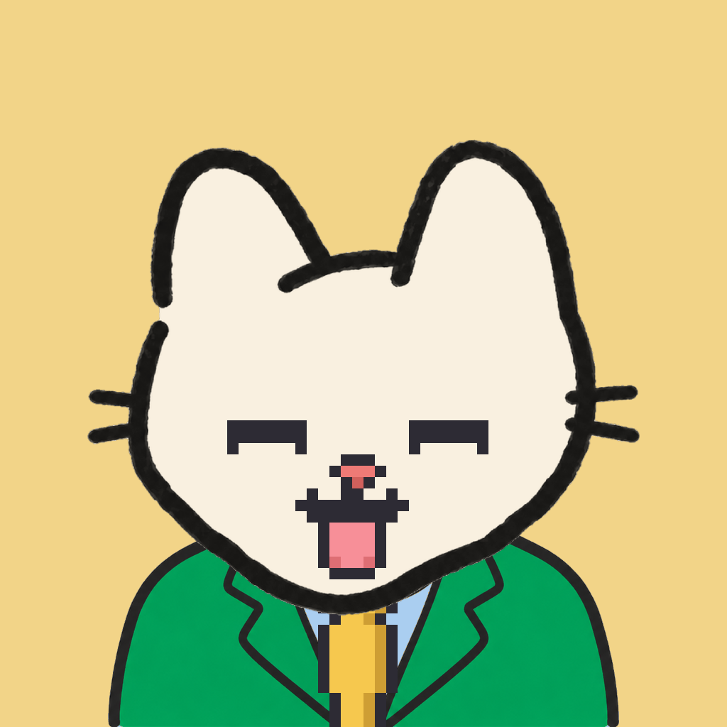 Employee #0610 — a cream cat, in a green suit, with a gold tie, on butter