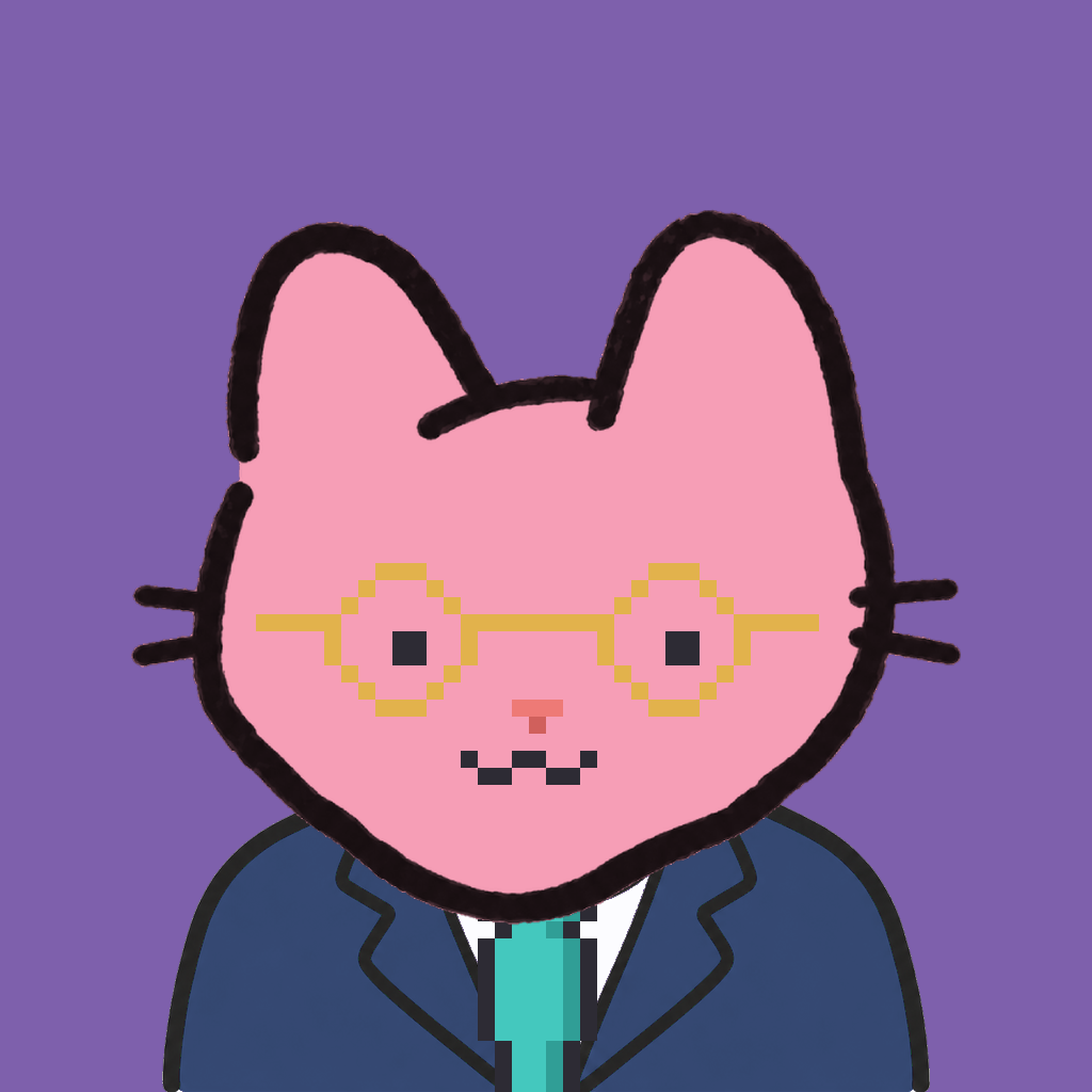 Employee #0611 — a pink cat, in a navy suit, with a teal tie, wearing round-gold glasses, on plasma violet