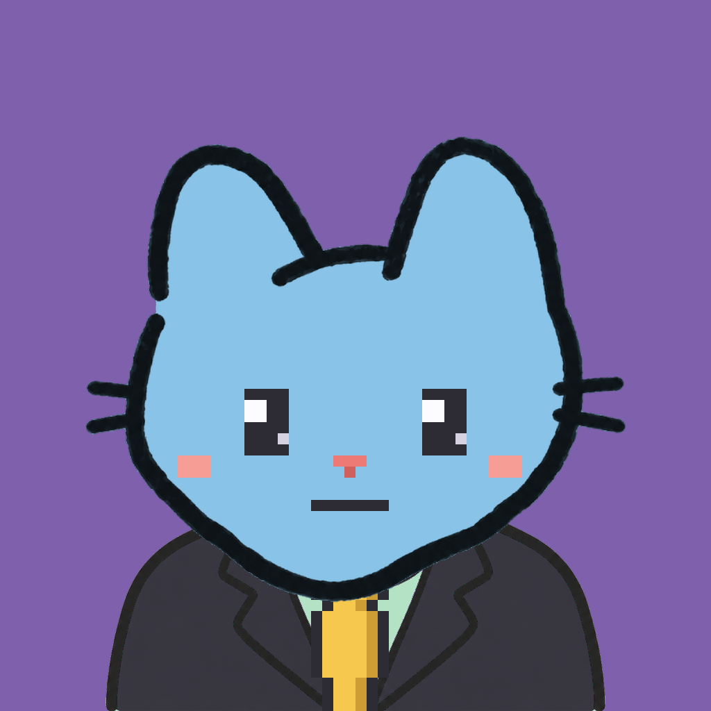 Employee #0612 — a sky cat, in a black suit, with a gold tie, on plasma violet