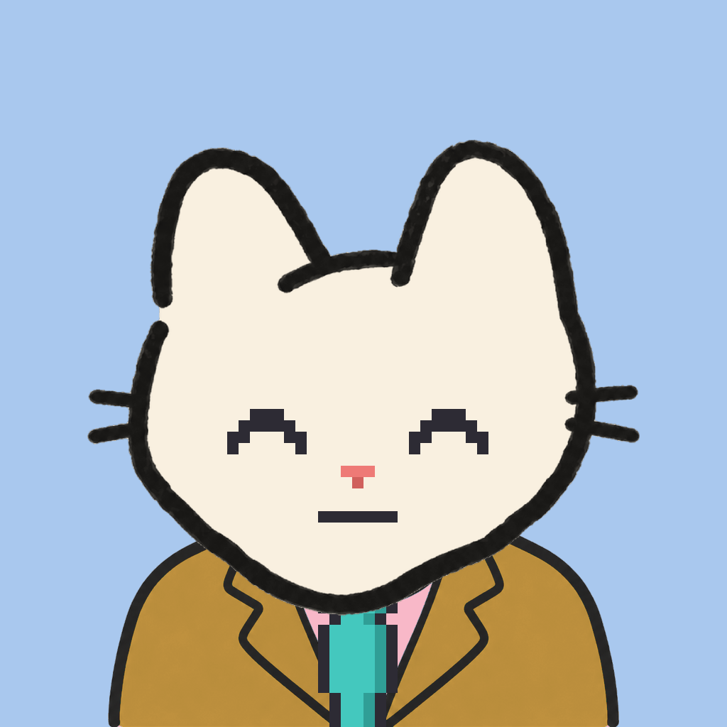 Employee #0613 — a cream cat, in a mustard suit, with a teal tie, on sky