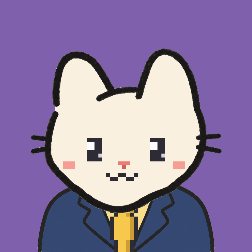 Employee #0614 — a cream cat, in a navy suit, with a gold tie, on plasma violet