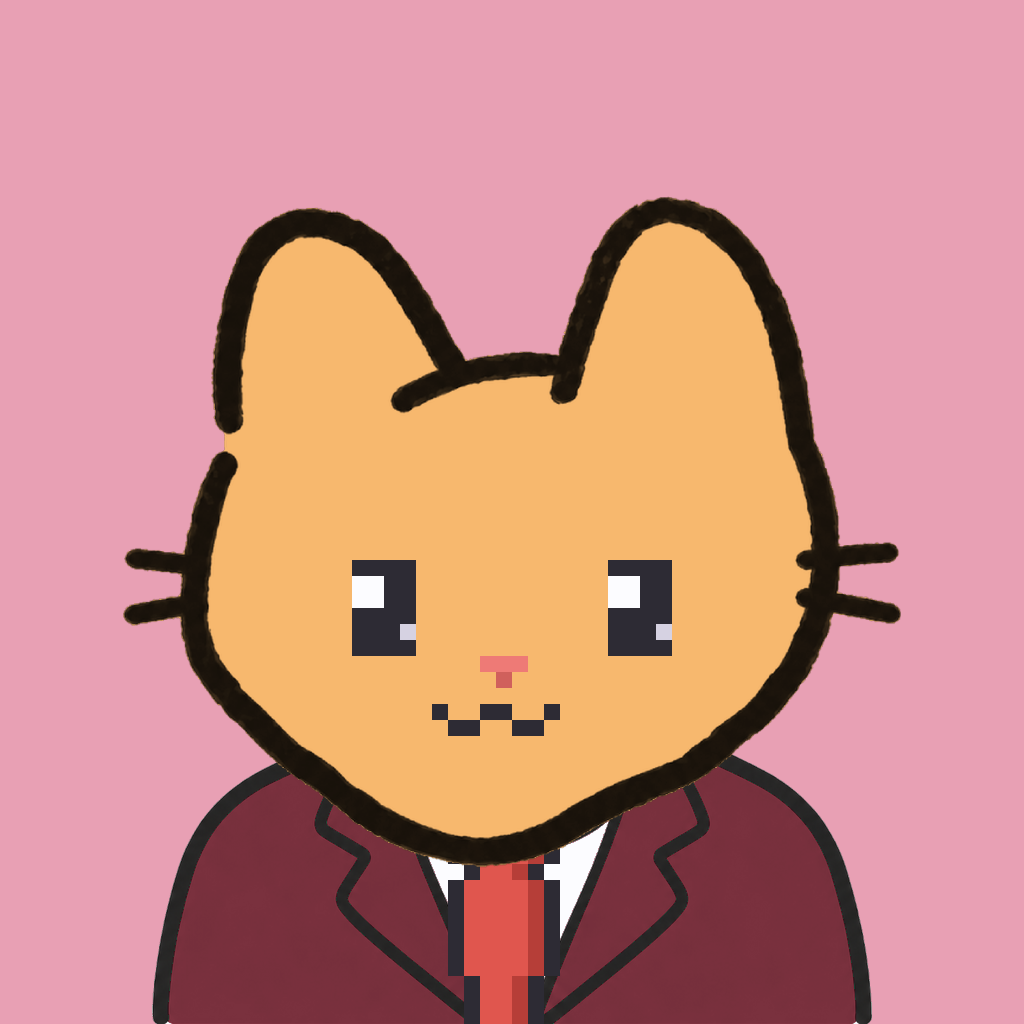 Employee #0615 — a tabby cat, in a burgundy suit, with a red tie, on rose