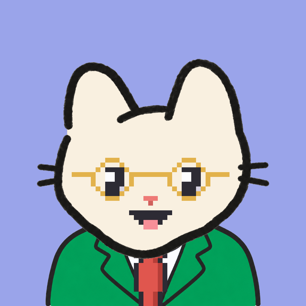 Employee #0616 — a cream cat, in a green suit, with a red tie, wearing round-gold glasses, on periwinkle