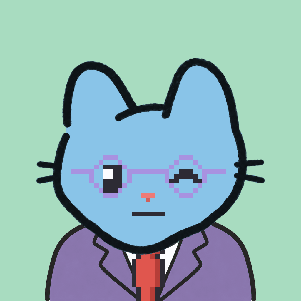 Employee #0617 — a sky cat, in a lavender suit, with a red tie, wearing round-lavender glasses, on mint