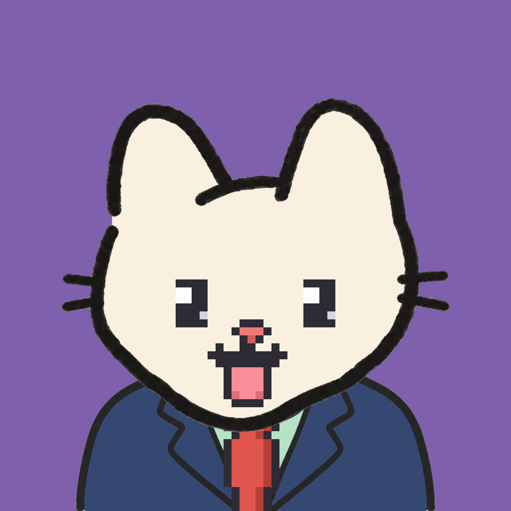 Employee #0618 — a cream cat, in a navy suit, with a red tie, on plasma violet