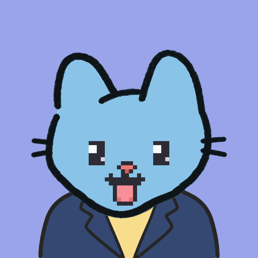 Employee #0619 — a sky cat, in a navy suit, on periwinkle