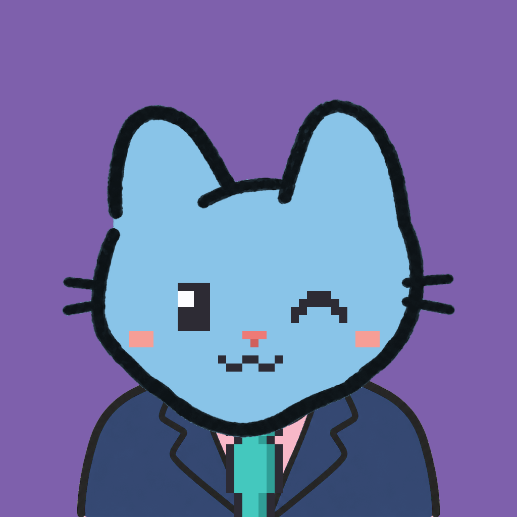 Employee #0062 — a sky cat, in a navy suit, with a teal tie, on plasma violet