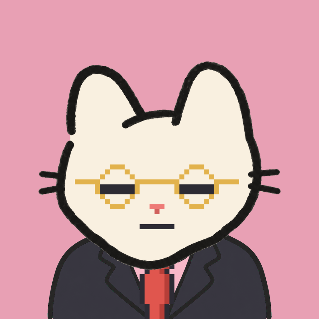 Employee #0620 — a cream cat, in a black suit, with a red tie, wearing round-gold glasses, on rose
