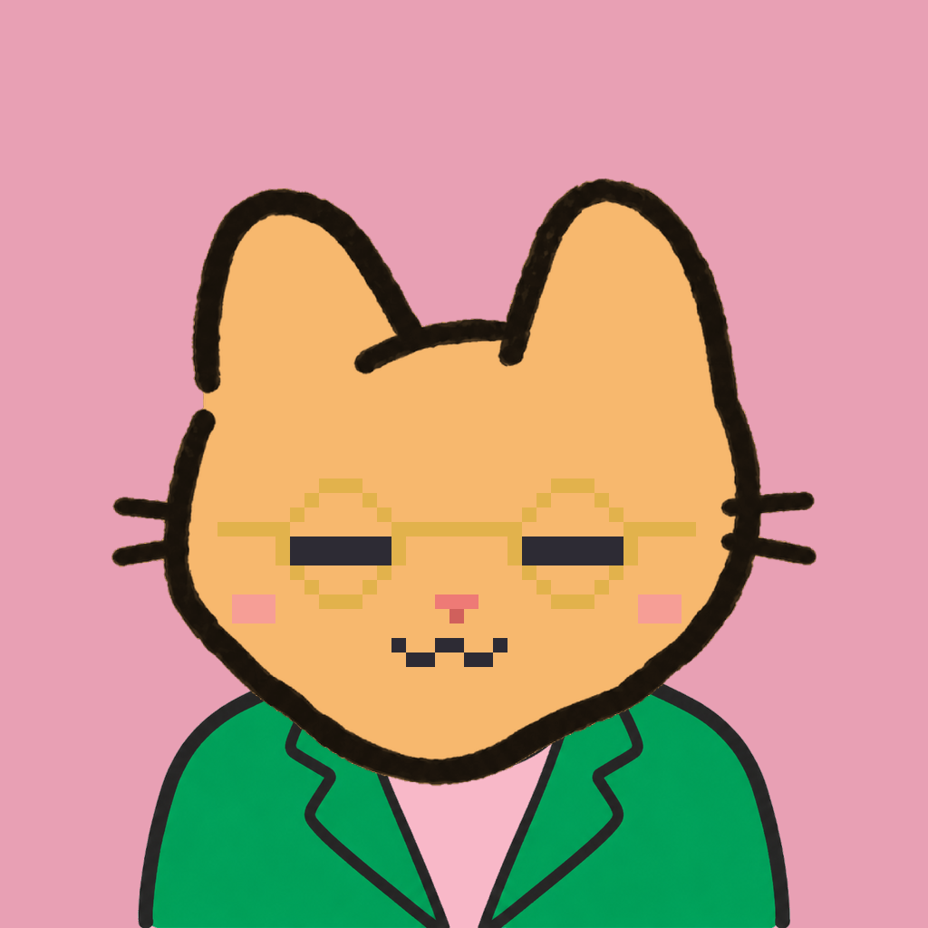 Employee #0621 — a tabby cat, in a green suit, wearing round-gold glasses, on rose