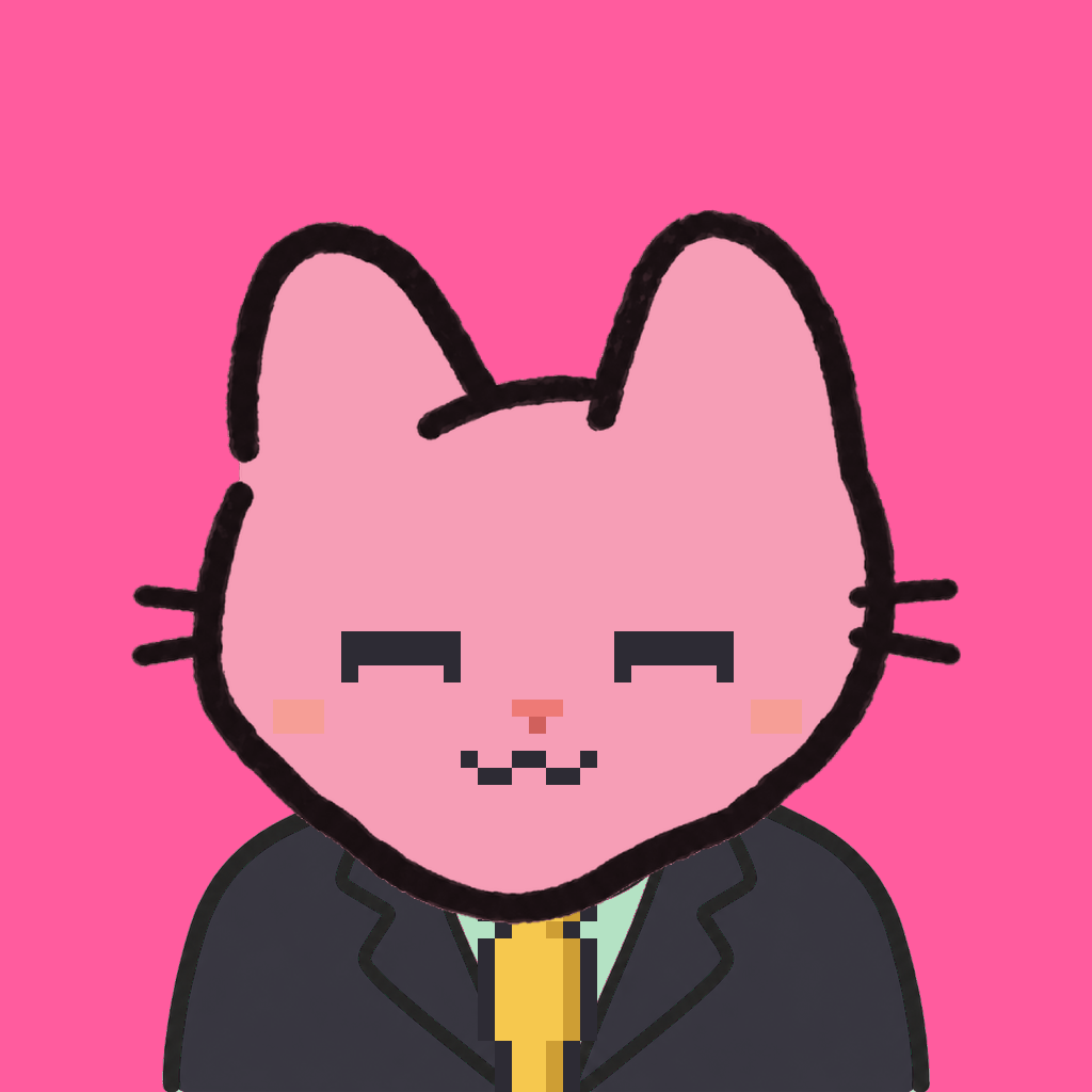 Employee #0622 — a pink cat, in a black suit, with a gold tie, on hot pink