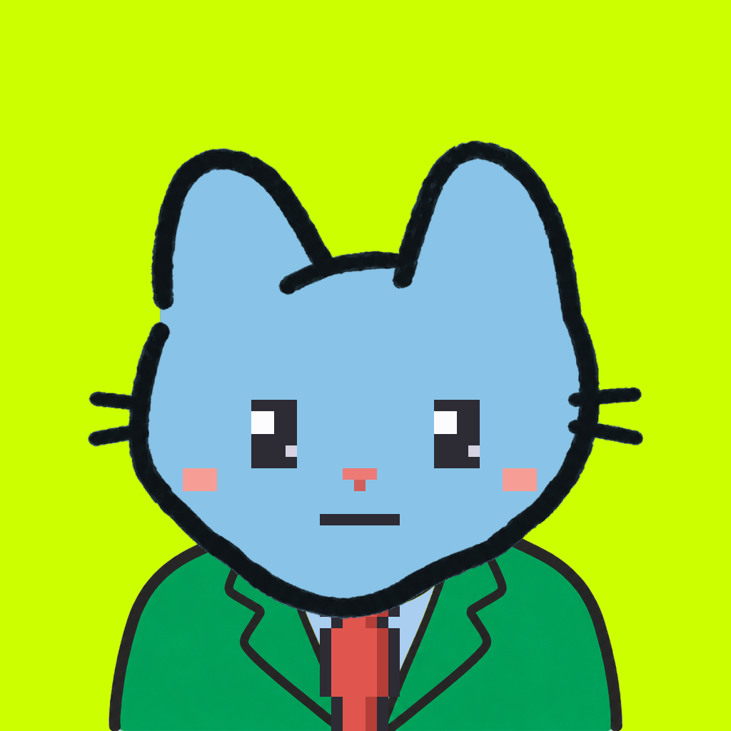 Employee #0623 — a sky cat, in a green suit, with a red tie, on volt