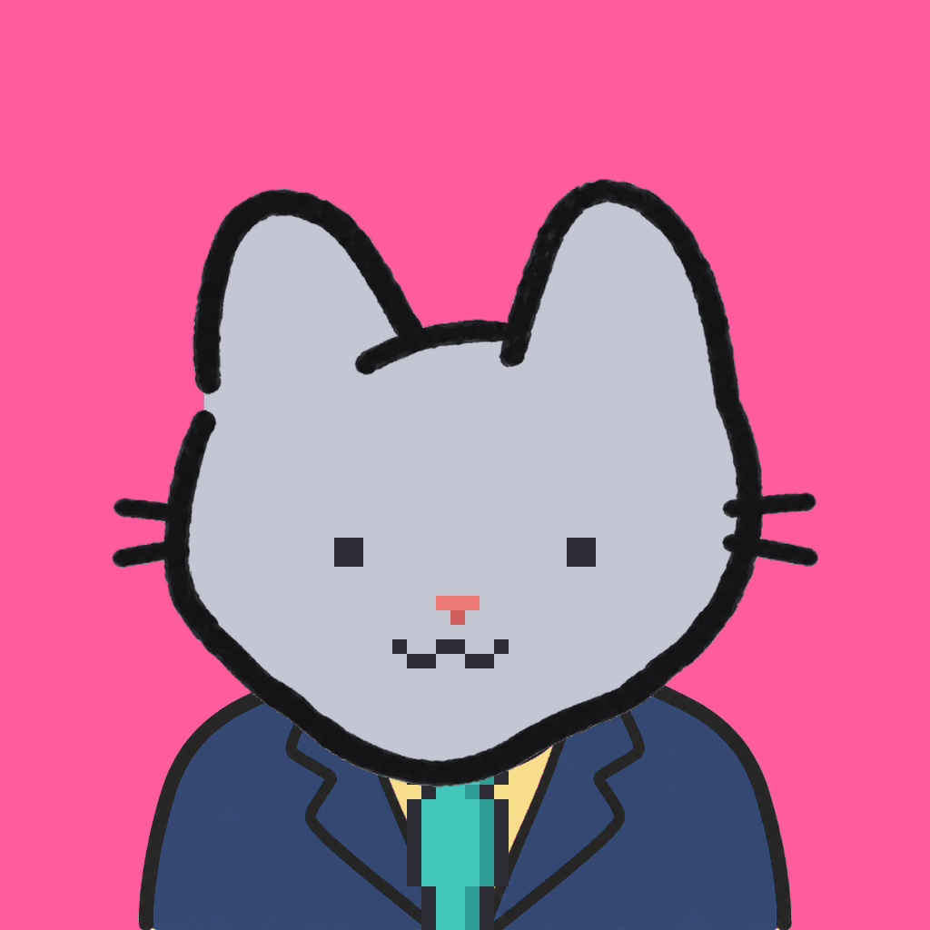 Employee #0624 — a gray cat, in a navy suit, with a teal tie, on hot pink