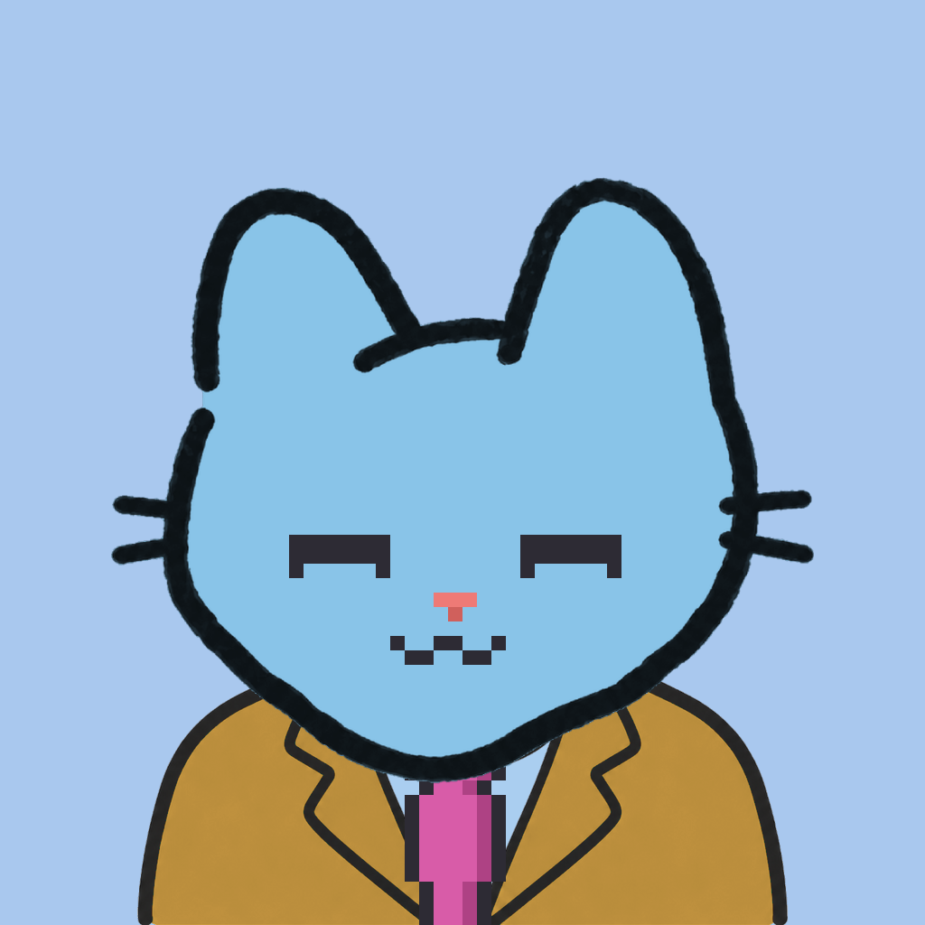 Employee #0625 — a sky cat, in a mustard suit, with a magenta tie, on sky