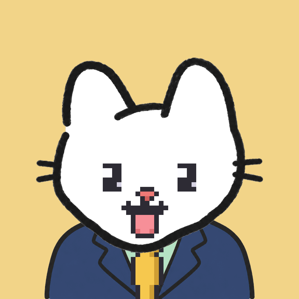 Employee #0626 — a white cat, in a navy suit, with a gold tie, on butter