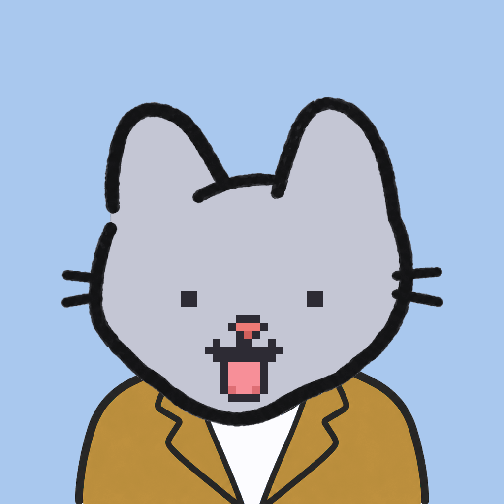 Employee #0627 — a gray cat, in a mustard suit, on sky
