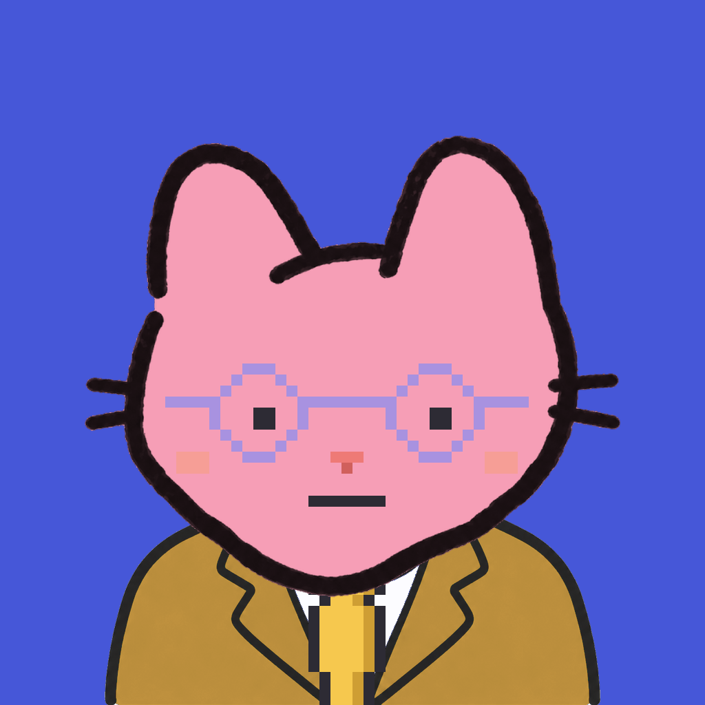 Employee #0628 — a pink cat, in a mustard suit, with a gold tie, wearing round-lavender glasses, on royal