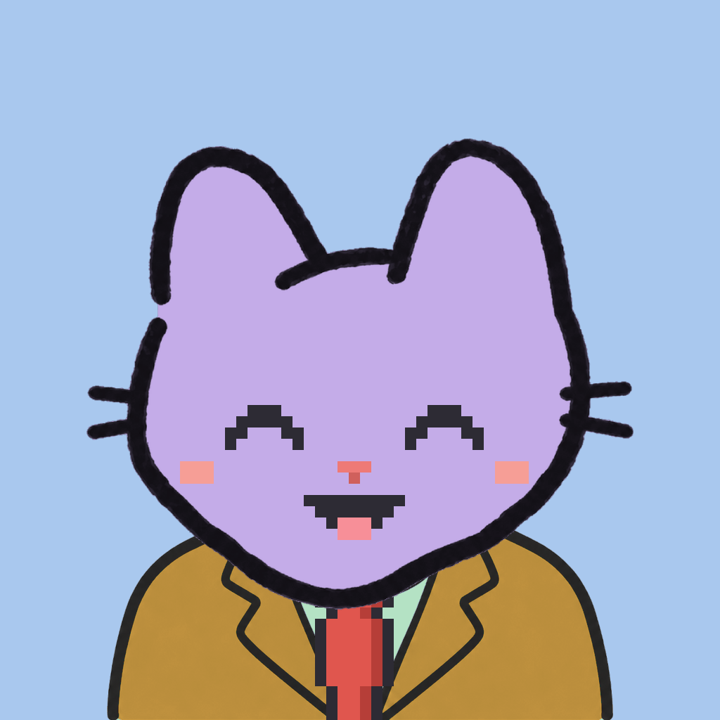 Employee #0629 — a lavender cat, in a mustard suit, with a red tie, on sky