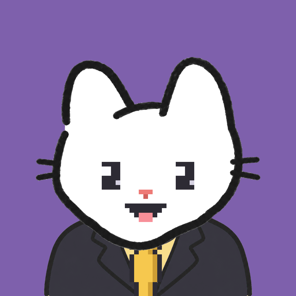 Employee #0063 — a white cat, in a black suit, with a gold tie, on plasma violet