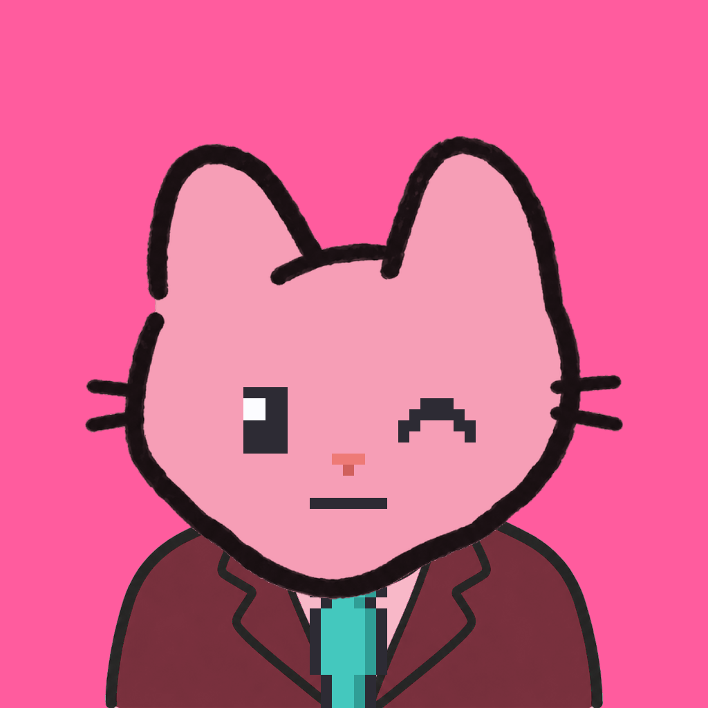 Employee #0630 — a pink cat, in a burgundy suit, with a teal tie, on hot pink