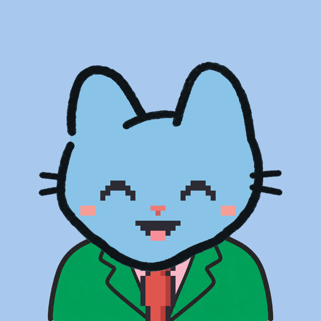 Employee #0631 — a sky cat, in a green suit, with a red tie, on sky